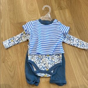 Blue and White Striped Dog Print Baby Outfit Set